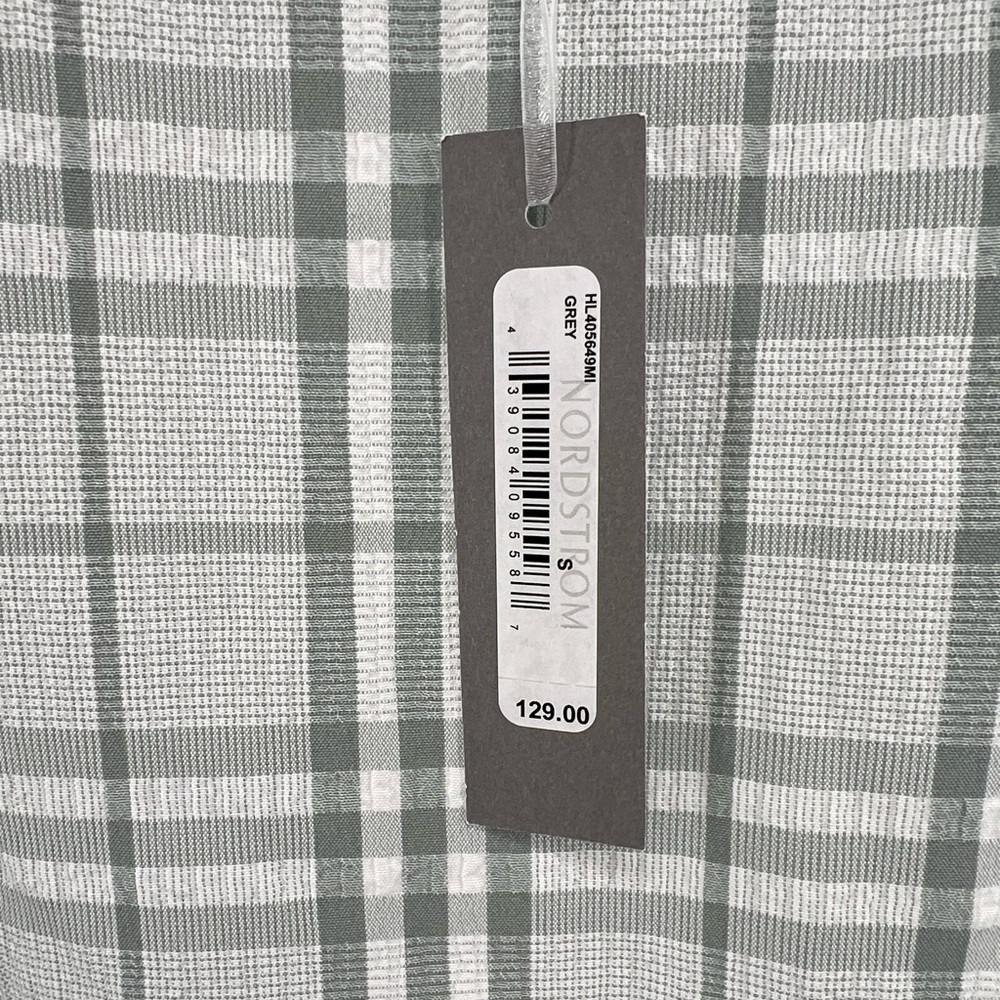 Chelsea 28 plaid midi white gray faux wrap dress S ruffle neutral office party - Picture 8 of 12